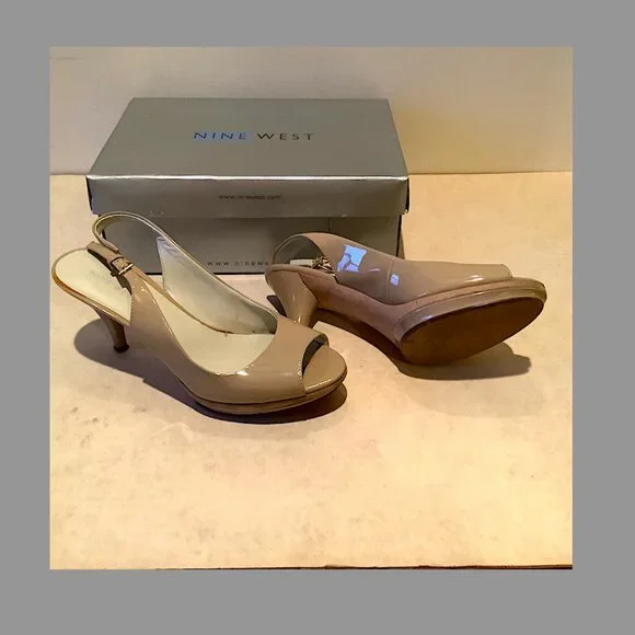 Nine West Beige Patent leather Peep-toe Slingback sandals - Picture 7 of 14